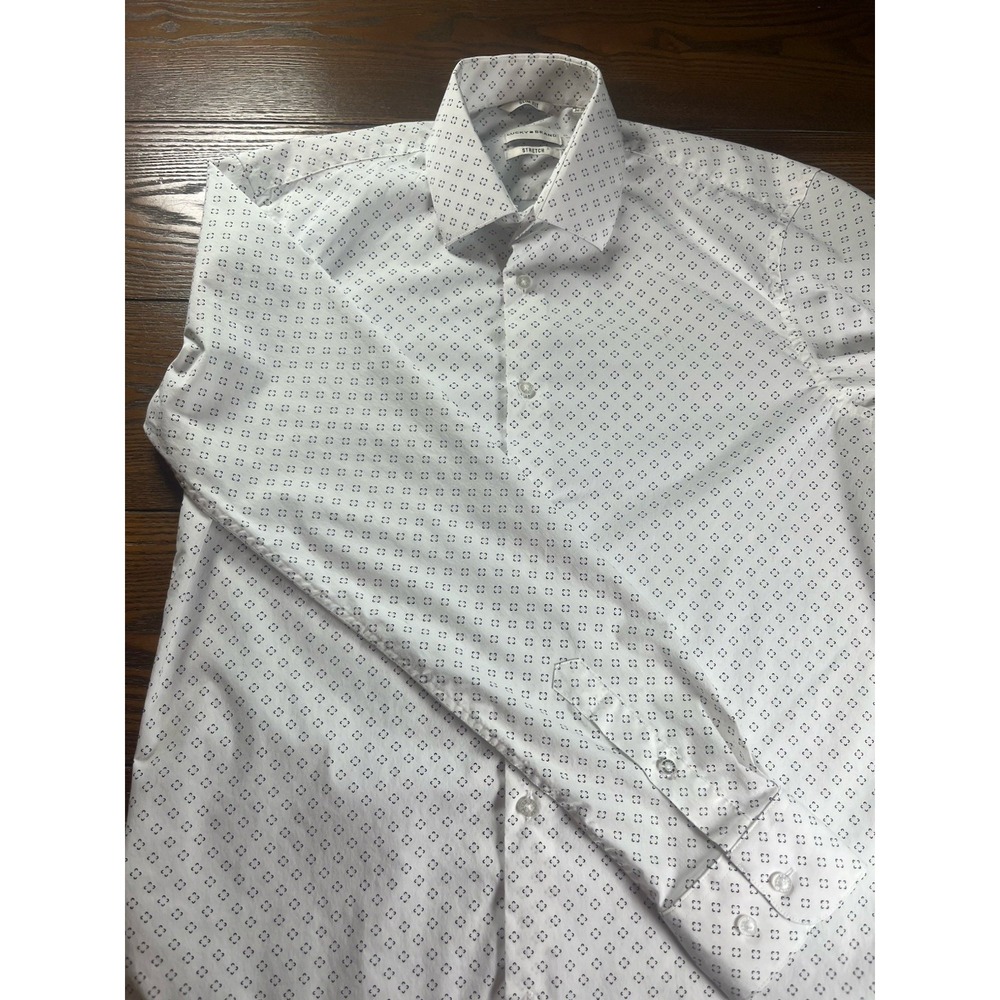 Lucky Brand Dress Shirt Mens 15.5 35 M White Geometric Slim Fit Formal Stretch